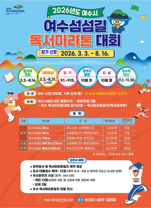 책 한 권에 1km 달리는 ‘여수섬섬길 독서 마라톤’, 3월부터 개최