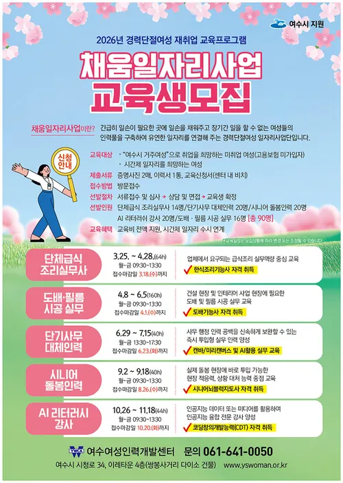 여수시, 경력단절여성 재취업 돕는 5개 전문과정 운영